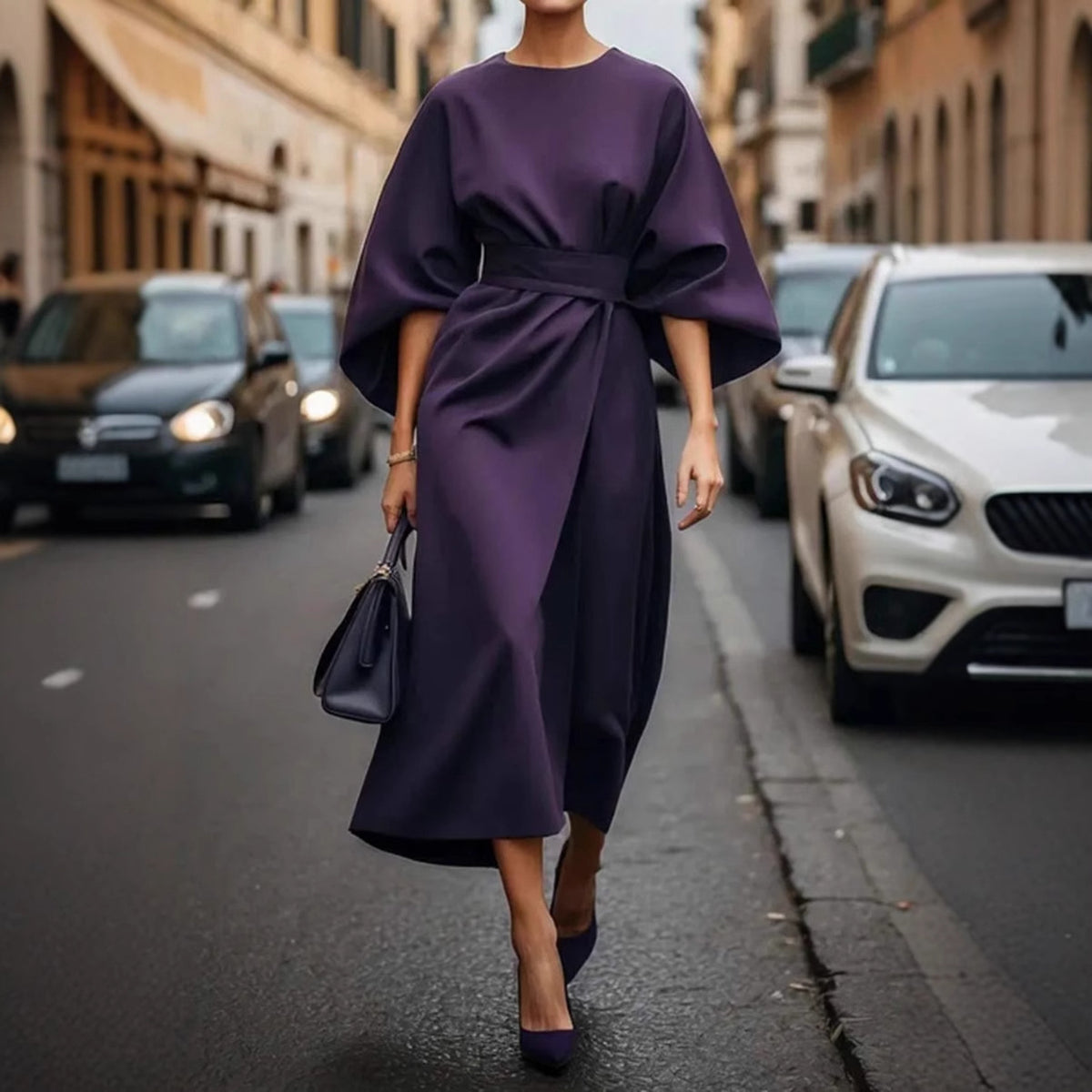 Elegant Batwing Sleeve Tie Waist Solid Maxi Dress