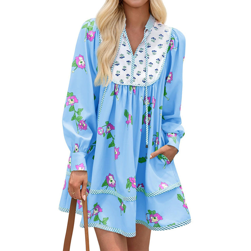 Boho Floral V-Neck Long Sleeve Flowy Mini Dress