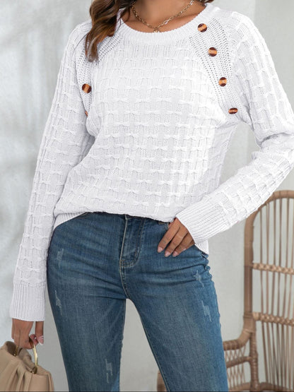 Women's Crewneck Button Detail Textured Knit Sweater