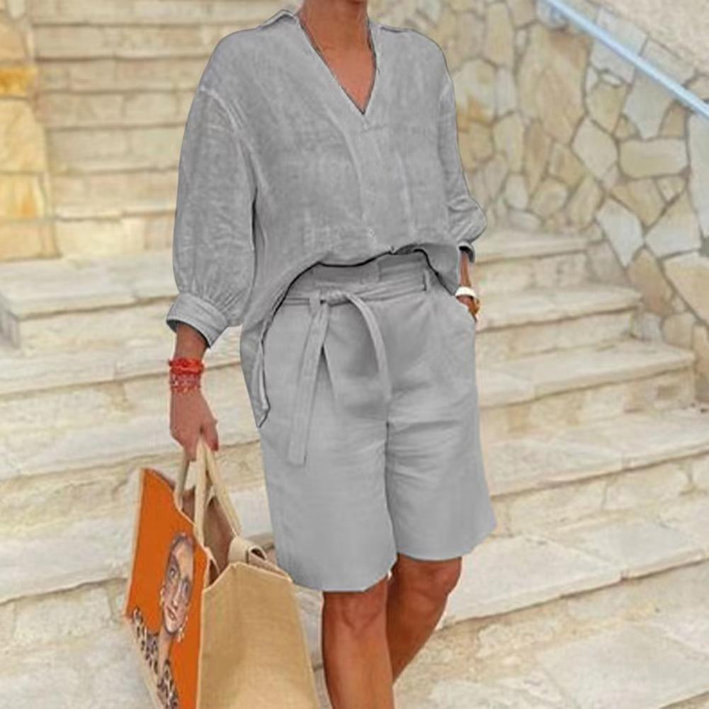 Women V Neck Linen 2 Piece Short Set Summer Casual