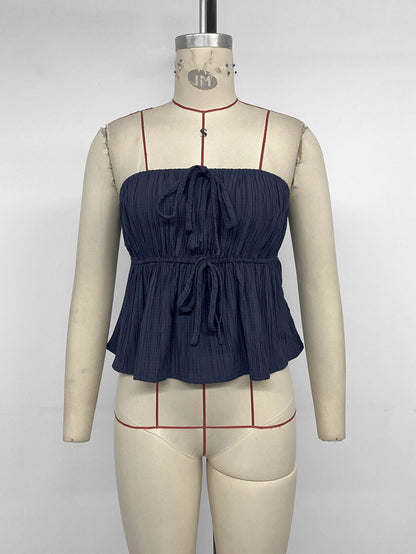 Navy Strapless Ruffle Top & Wide Leg Pants Two Piece Set