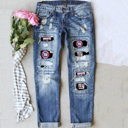 Game Day Patch Distressed Ripped Denim Jeans for Women