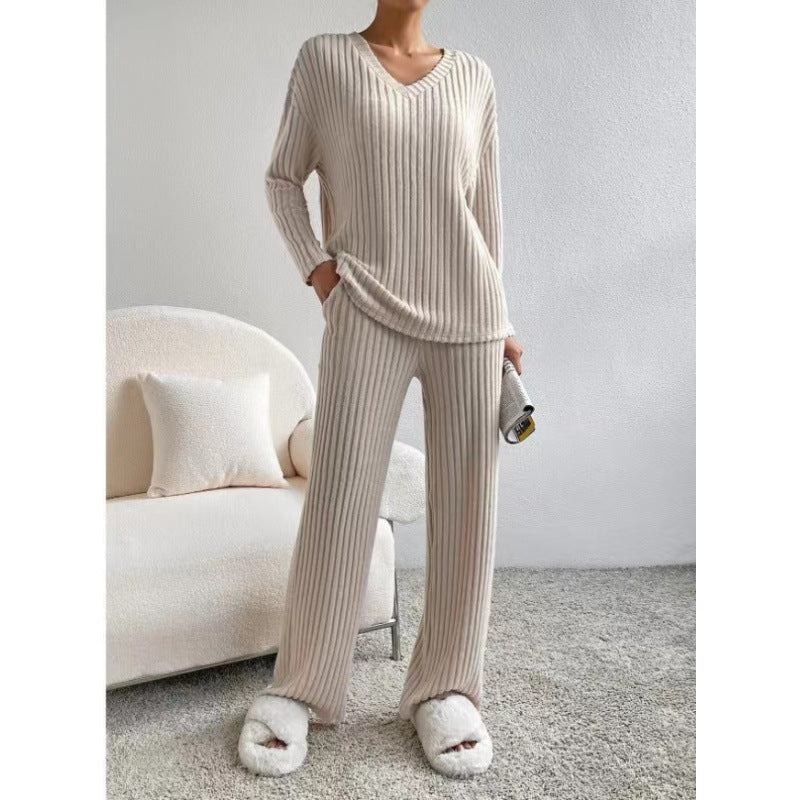 Ribbed Knit V-Neck Sweater Wide Leg Pants Set