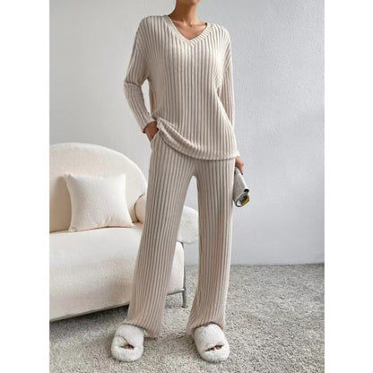 Ribbed Knit V-Neck Sweater Wide Leg Pants Set