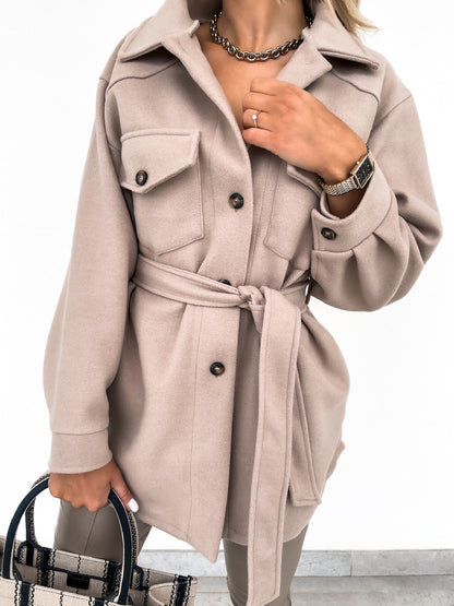 Womens Belted Wool Blend Shacket Jacket