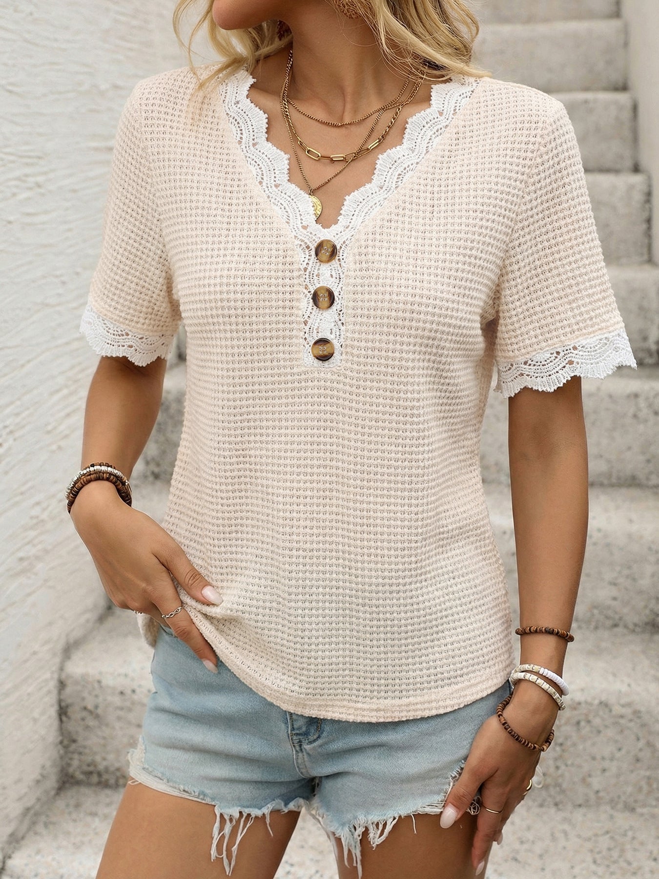 Casual V-Neck Short Sleeve Top with Lace Trim – Loose Fit