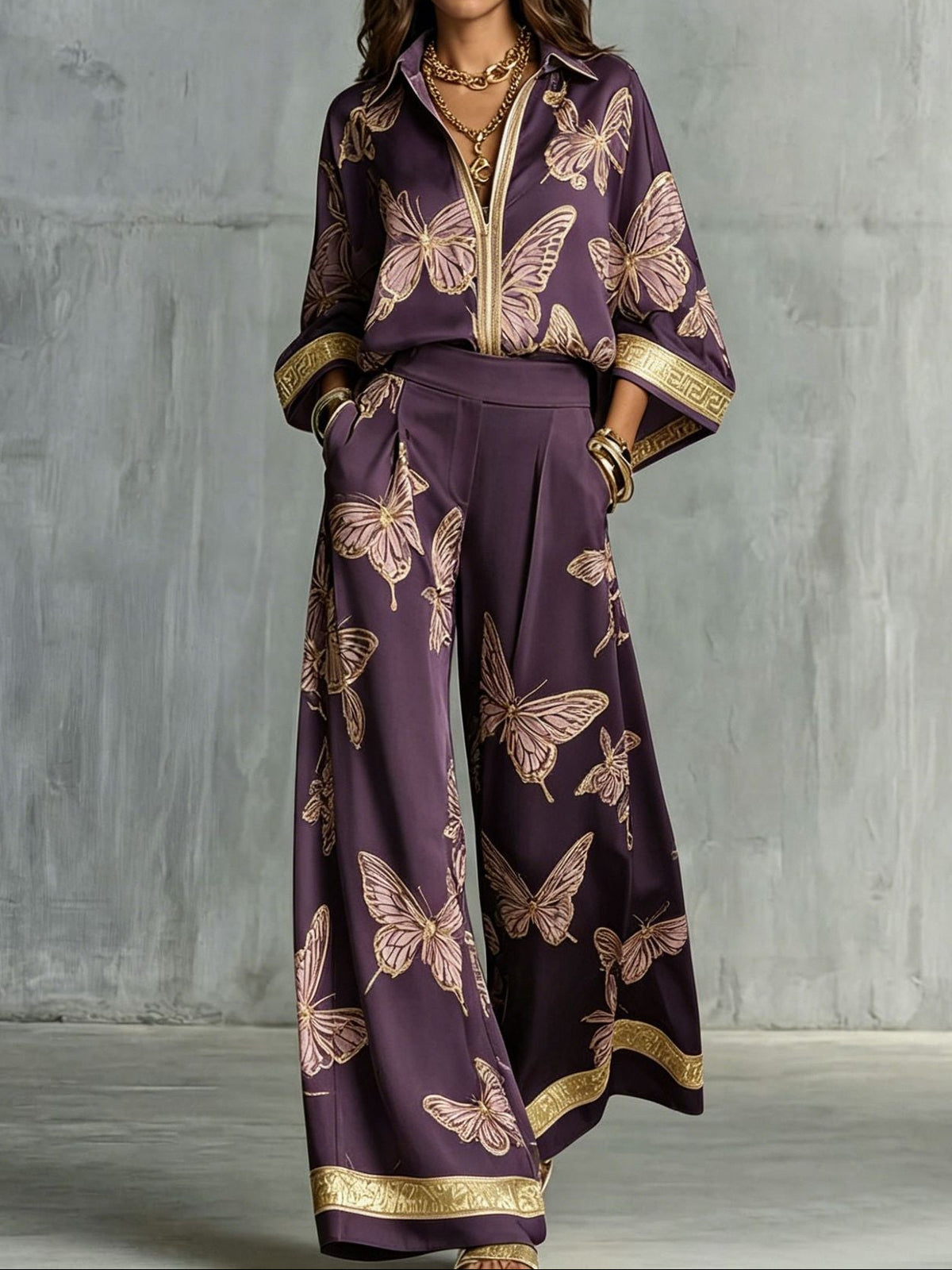 Boho Butterfly Print Two Piece Zip Up Top Wide Leg Pants