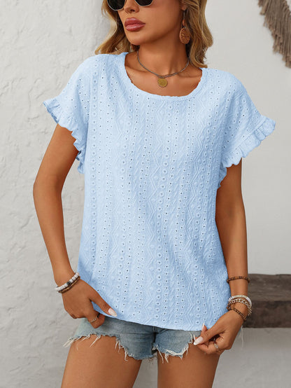 Women’s Eyelet Knit Crewneck Ruffle Sleeve Summer Top