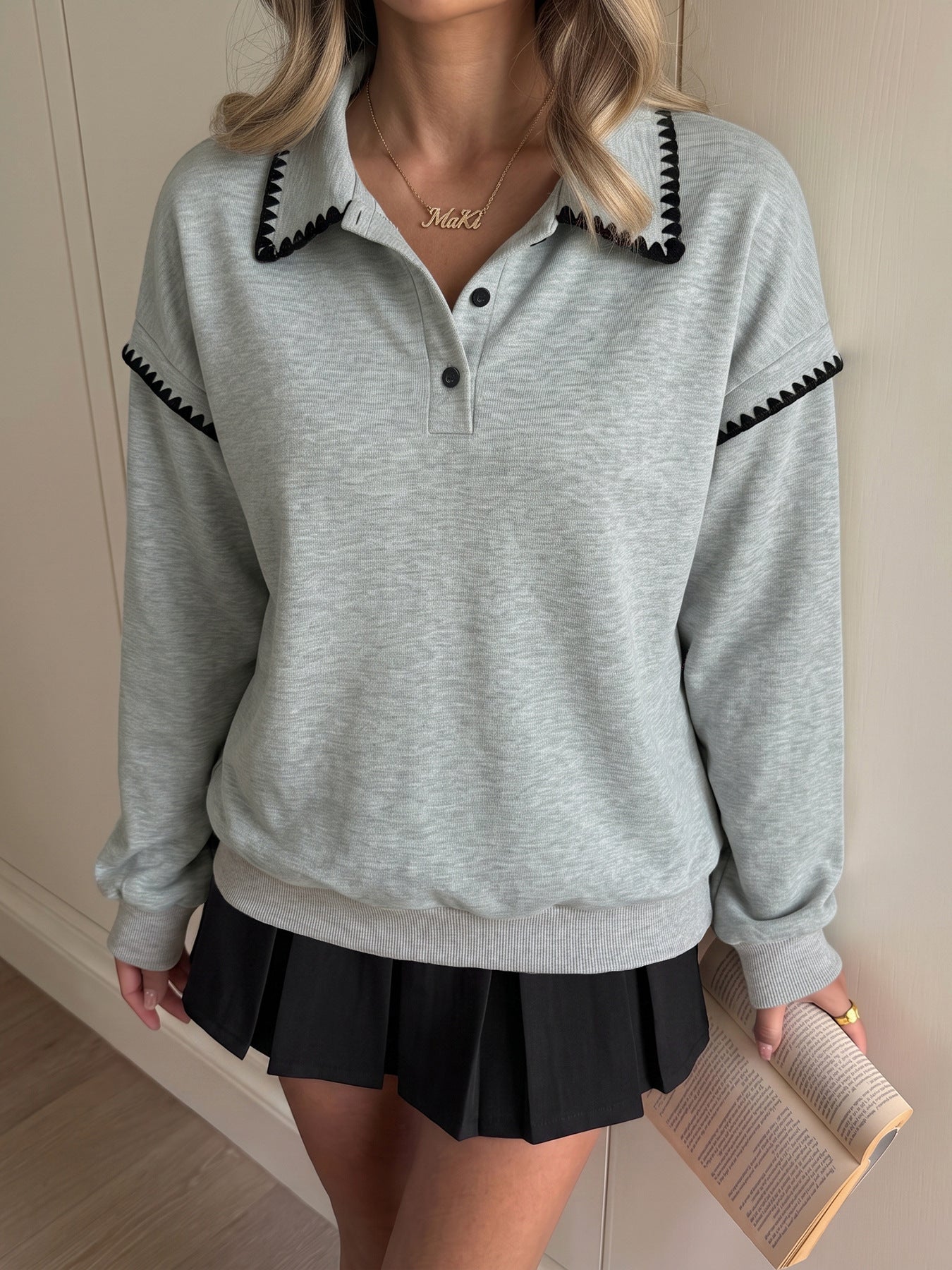 Preppy Collared Sweatshirt Contrast Trim Button Up