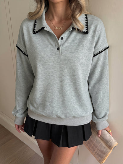 Preppy Collared Sweatshirt Contrast Trim Button Up