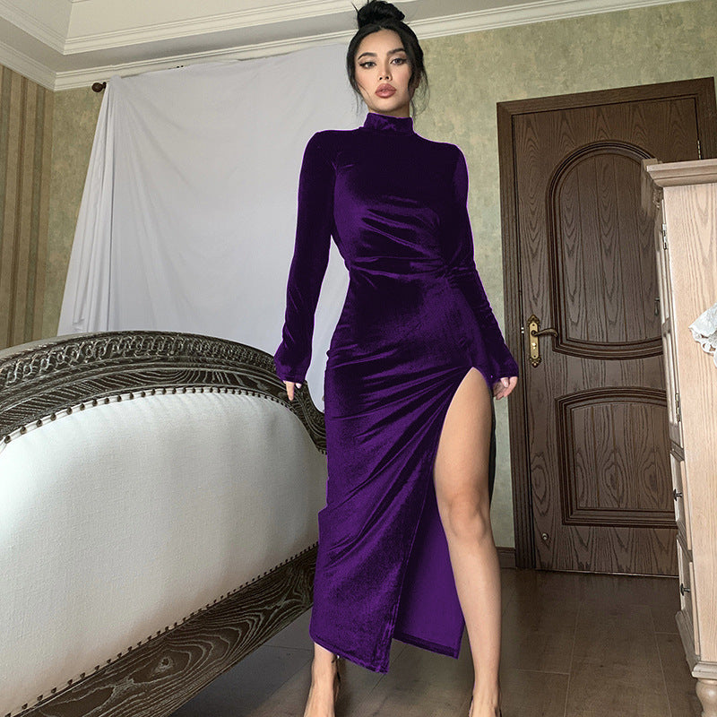 Women's Velvet Mock Neck Long Sleeve Ruched Slit Maxi Dress