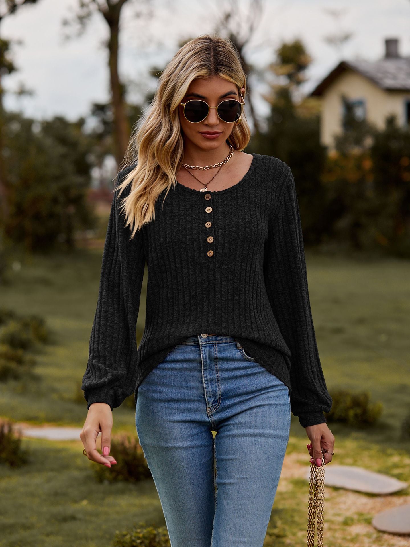 Ribbed Button Front Long Sleeve Knit Top for Women