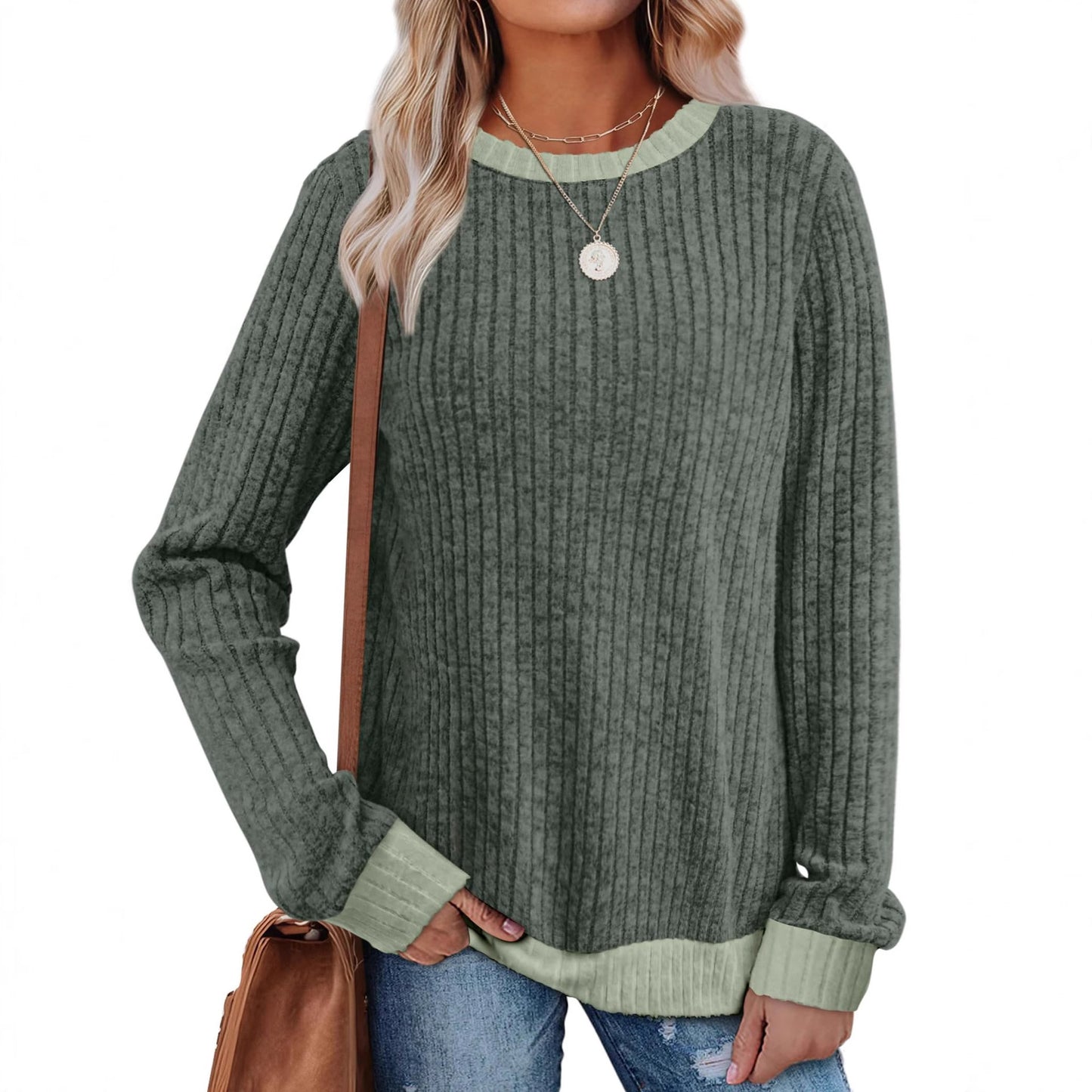 Women's Ribbed Long Sleeve Crew Neck Pullover Top