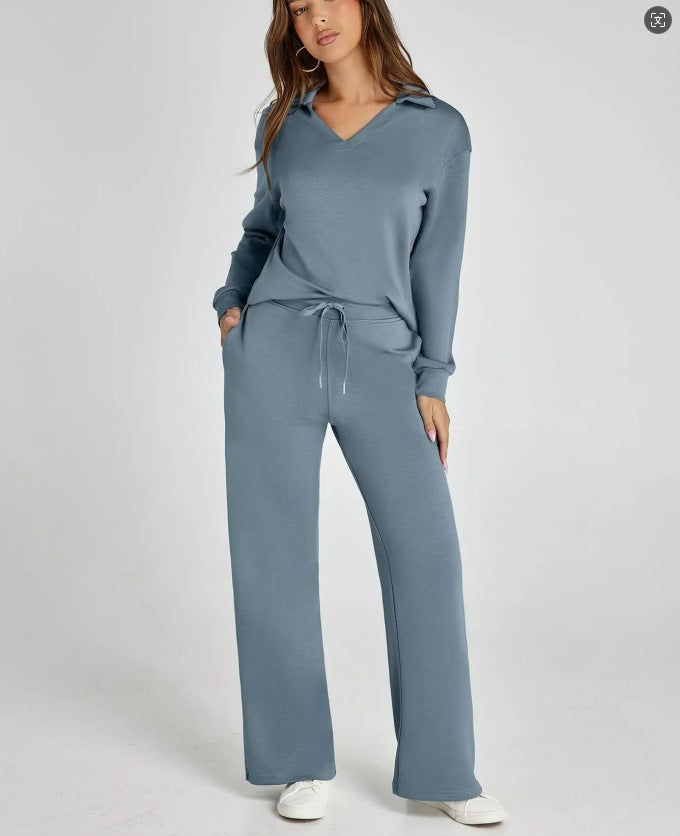 Women’s V Neck Two Piece Set Wide Leg Pants Outfit