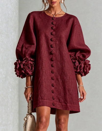 3D Floral Lantern Sleeve Mini Shift Dress