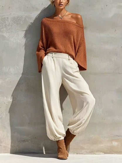 Women's Off Shoulder Knit Top & Wide Leg Pants Set