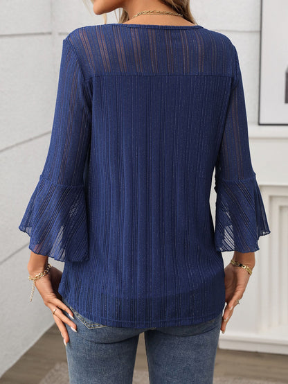 Elegant Round Neck Lotus Leaf Sleeve Mesh Top