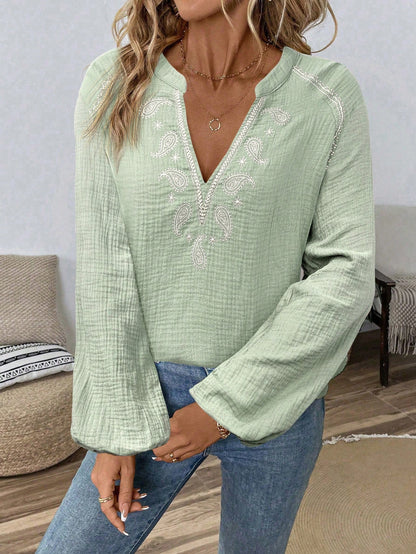 Boho Embroidered Cotton Blouse Women V Neck Peasant Top
