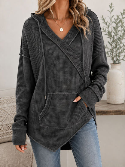 Women's Oversized Waffle Knit Hoodie V Neck Pullover