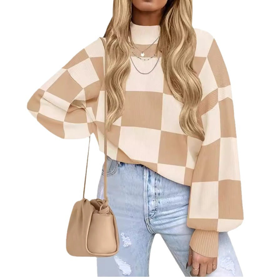 Women's Checkered Mock Neck Balloon Sleeve Sweater
