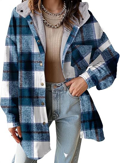 Women's Plaid Flannel Hooded Shacket Jacket