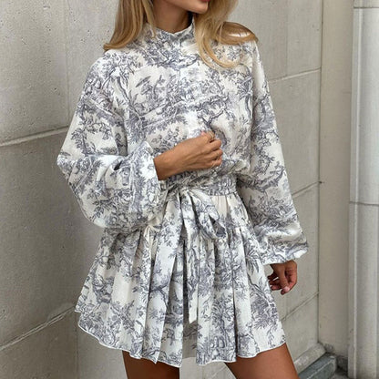 Floral Tie Waist Long Sleeve A-Line Dress