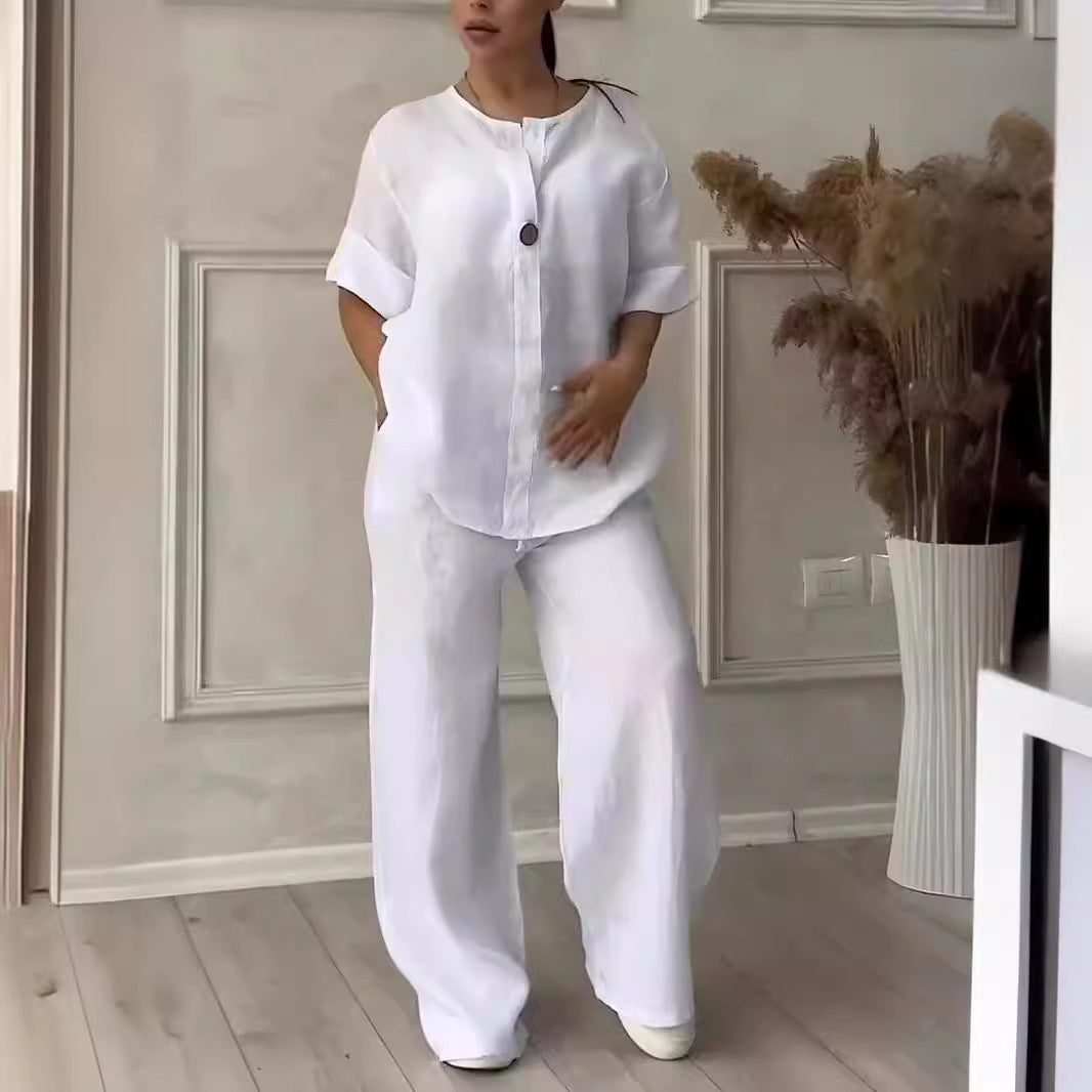 Womens Linen Two Piece Set Button Top Wide Leg Pants