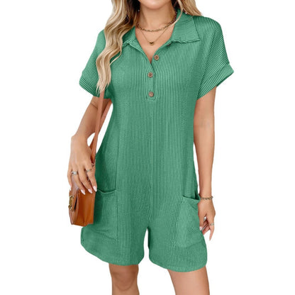 Ribbed Collared Button Romper Loose Pocket Lounge Outfit