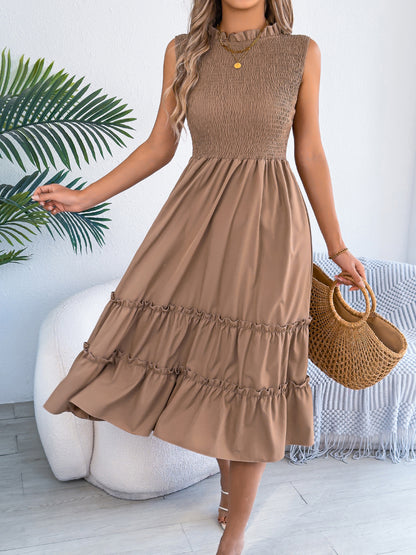 Smocked Sleeveless Ruffle Midi Dress Flowy Summer