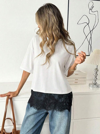 Solid Lace Trim T Shirt Loose Fit Round Neck Top