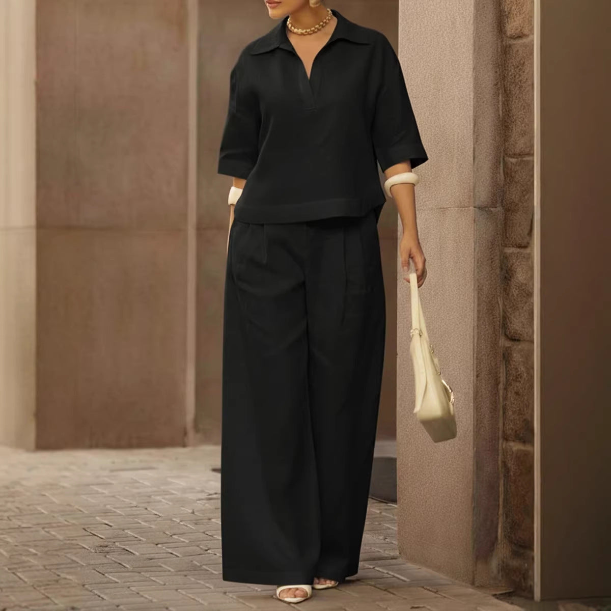 Women's Linen 2 Piece Set Wide Leg Pants Collared Top
