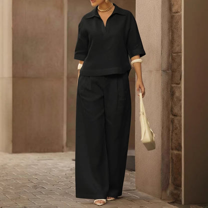 Women's Linen 2 Piece Set Wide Leg Pants Collared Top