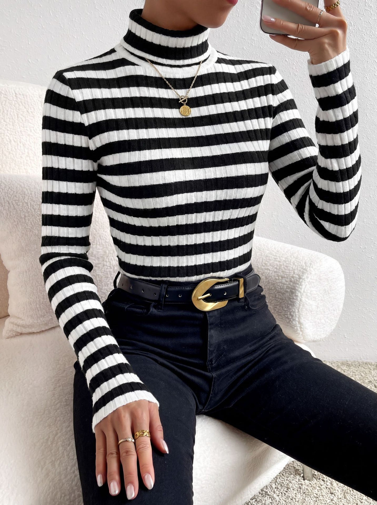 Women's Ribbed Striped Turtleneck Sweater Fitted Long Sleeve