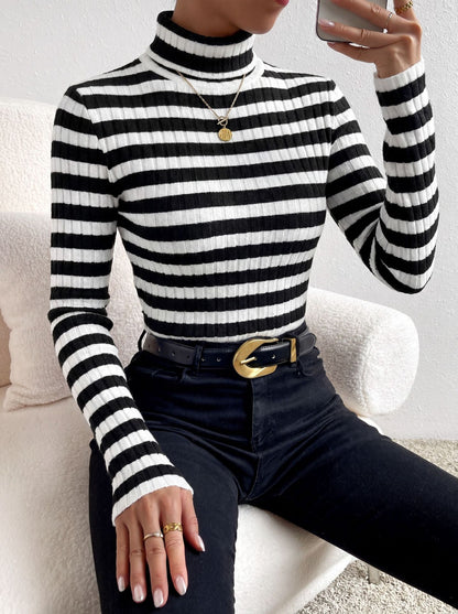Women's Ribbed Striped Turtleneck Sweater Fitted Long Sleeve