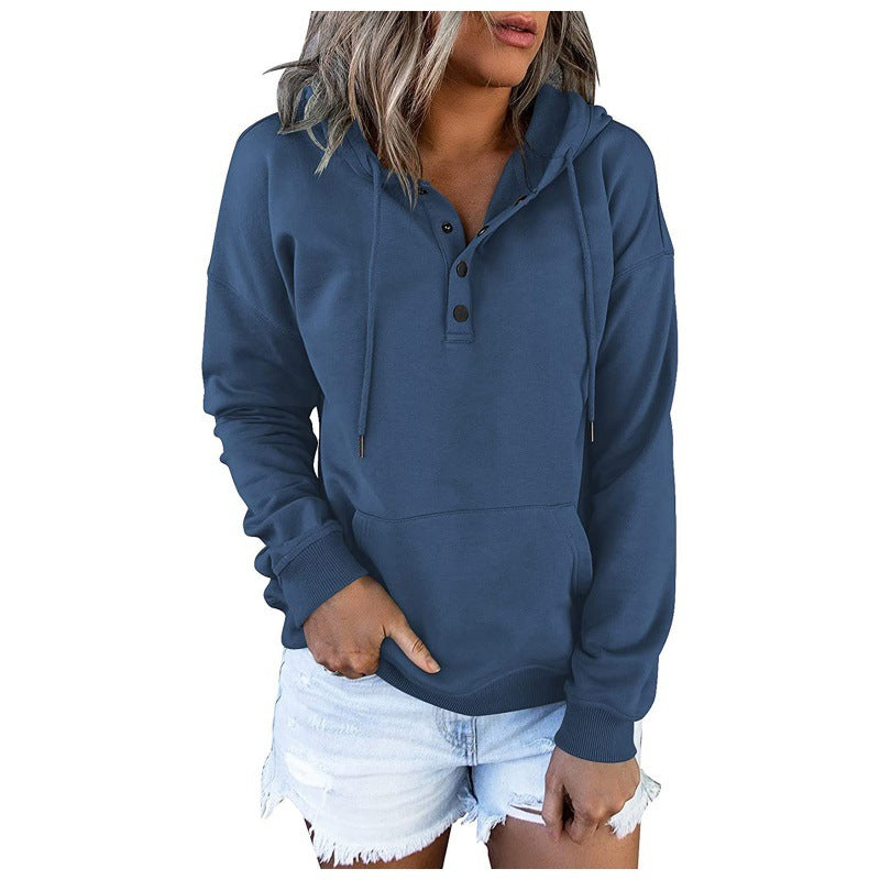 Women's Henley Hoodie Button Drawstring Pocket Pullover