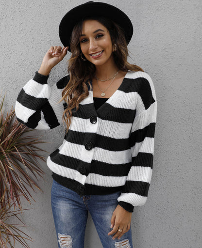 Women's Contrasting Striped Splicing Long Sleeve Button Cardigan Jacket