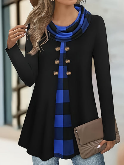 Women's Plaid Cowl Neck Tunic Sweatshirt Buttons