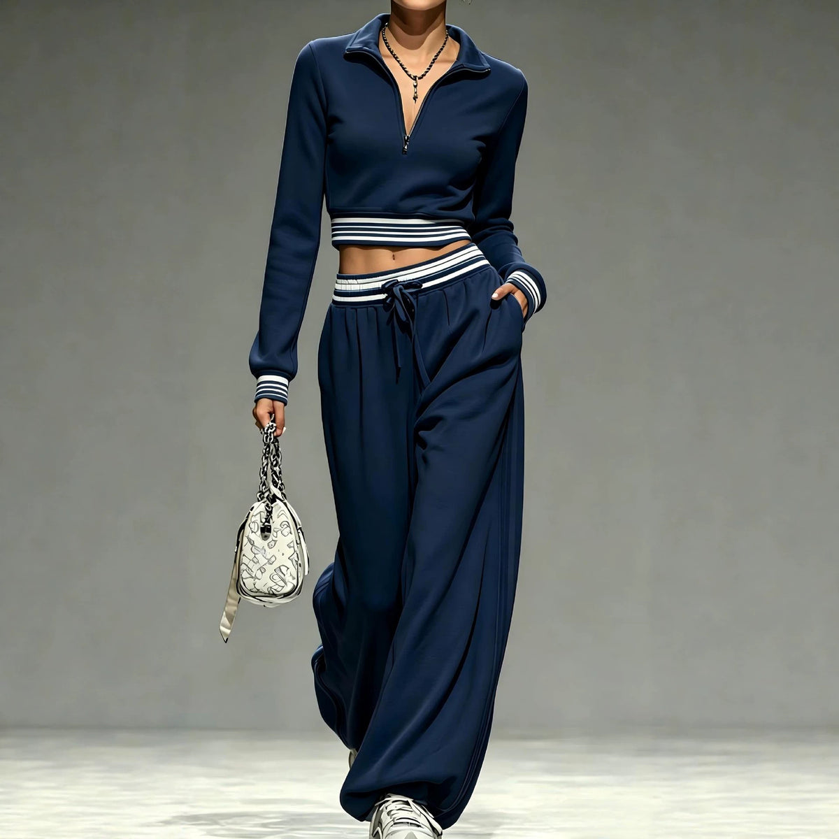 Womens 2 Piece Half Zip Crop Top Wide Leg Sweatpants Set