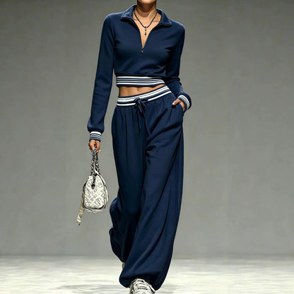 Womens 2 Piece Half Zip Crop Top Wide Leg Sweatpants Set
