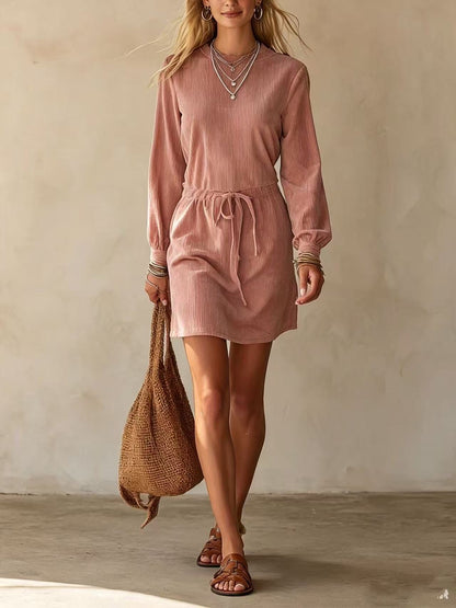 Women's Corduroy Long Sleeve Drawstring Waist Mini Dress