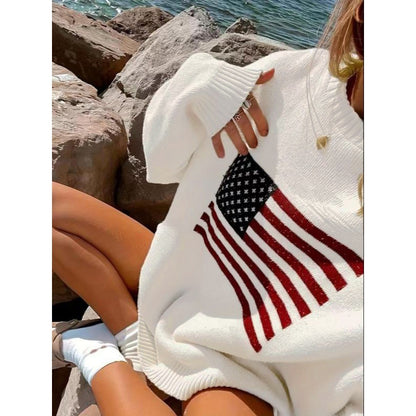 Oversized American Flag Crewneck Knit Sweater