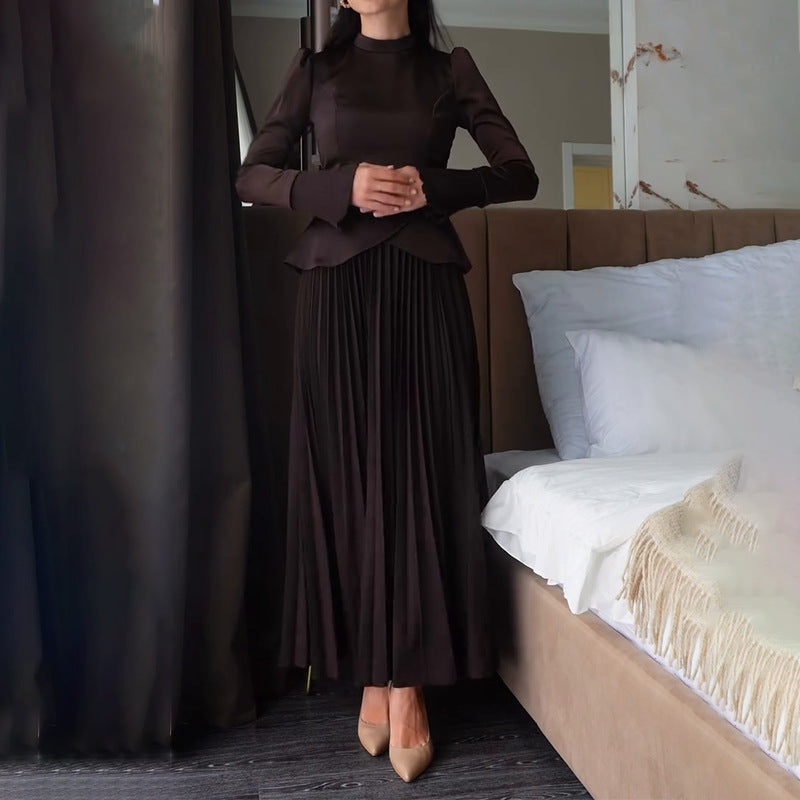 Mock Neck Tie Waist Top & Pleated Maxi Skirt Set
