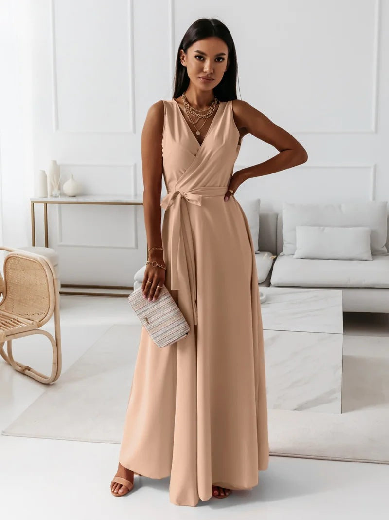 Women's Sleeveless V-Neck Belted A-Line Maxi Dress