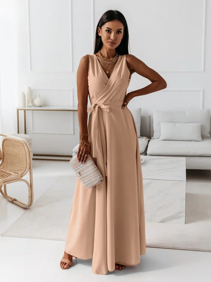 Women's Sleeveless V-Neck Belted A-Line Maxi Dress