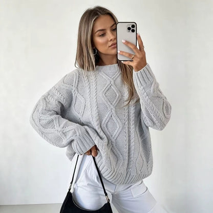 Womens Oversized Cable Knit Crew Neck Pullover Sweater