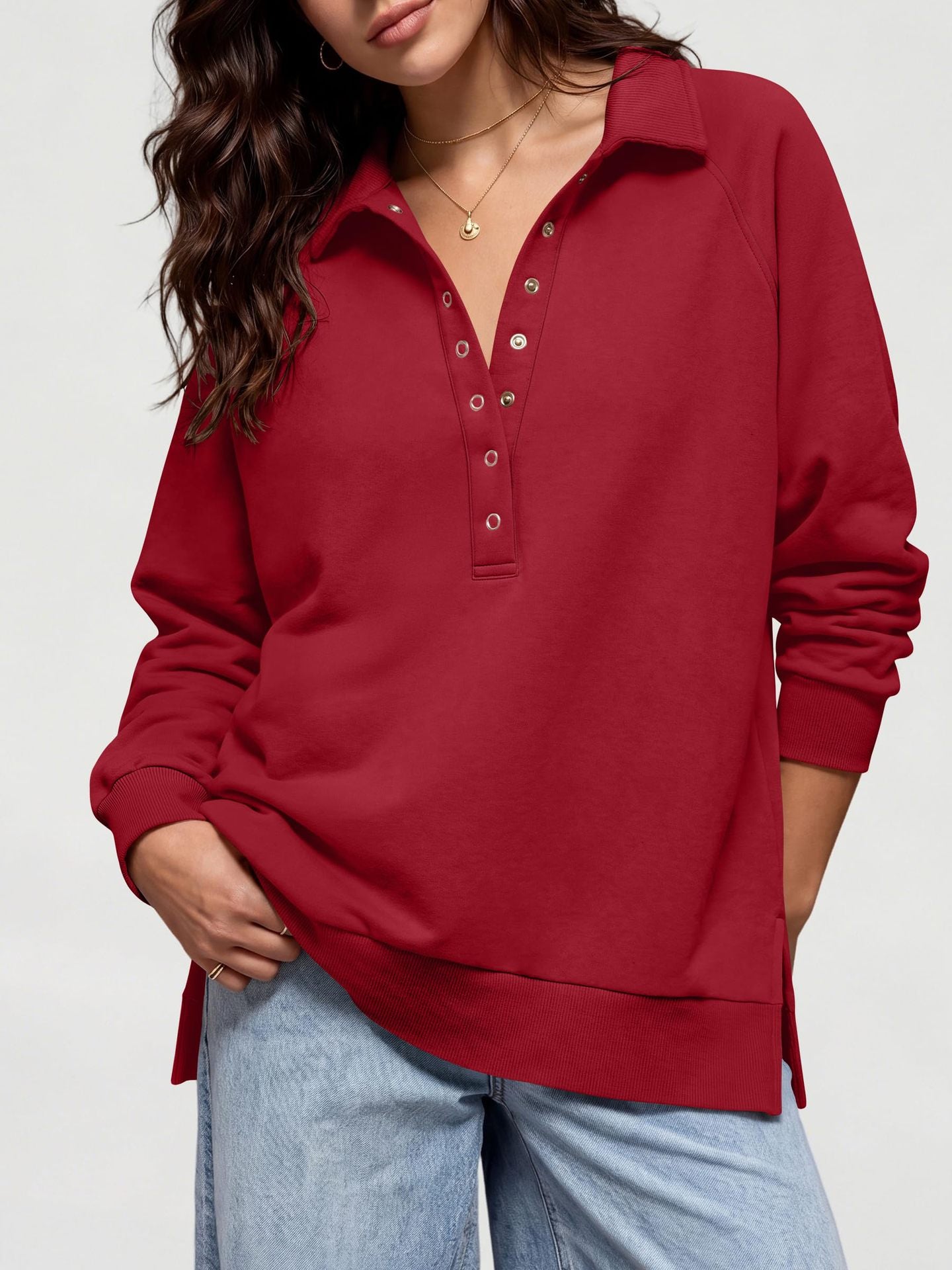 Women's Oversized Collared Button Pullover Sweatshirt
