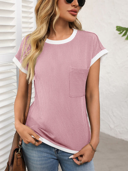 Women's Ribbed Color Block Pocket Tee Short Sleeve