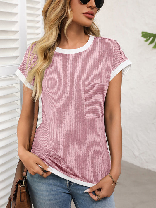 Women's Ribbed Color Block Pocket Tee Short Sleeve