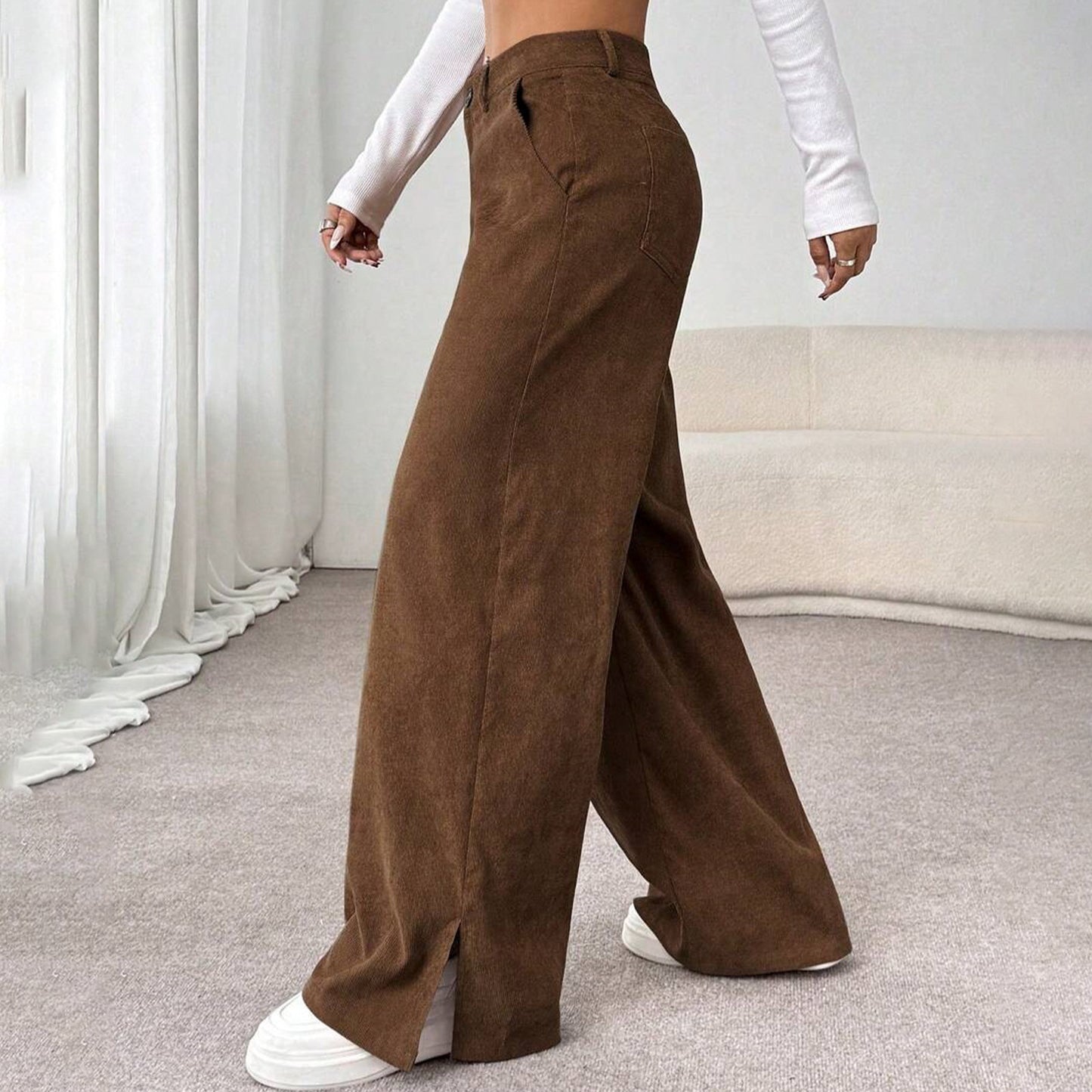 Women's Corduroy Wide Leg Pants Split Hem Pockets