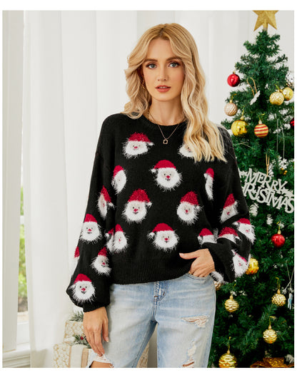 Santa Claus Pattern Knit Christmas Sweater Pullover for Women